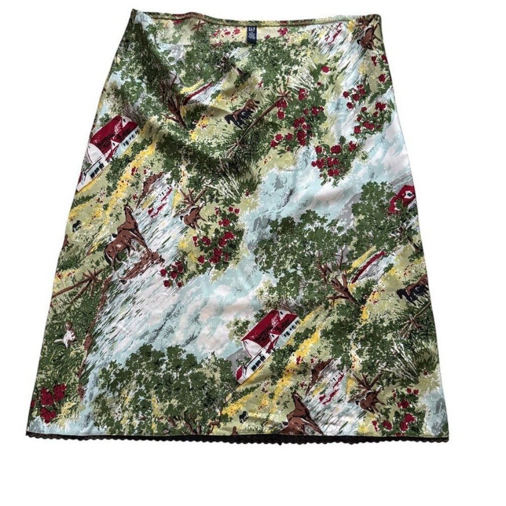 Vintage Y2K Gap Womens 100% Silk Farm Scene Horse Cottagecore Slip Skirt Sz 12